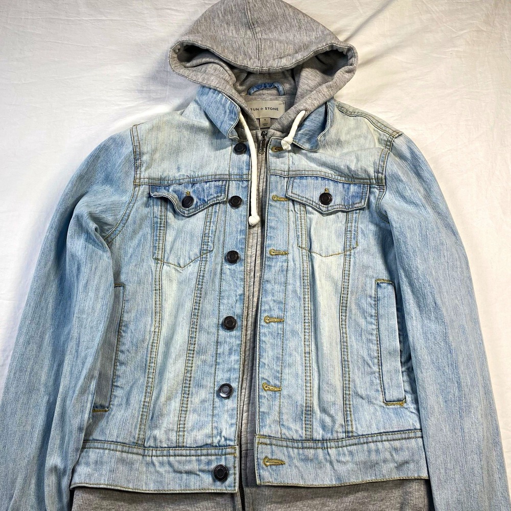 Sun + Stone Women Light Wash Hooded Denim Jacket Gray Knit Sleeves‎ Button S